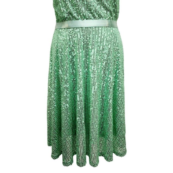 One-Shoulder Light Green Sequined Dress With Ribbon Waist Flowing Skirt Size M - Picture 4 of 12